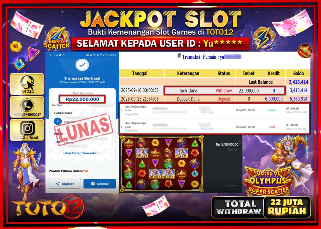 HANYA DI TOTO12 JP PASTI DI BAYAR LUNAS DAN CEPAT!!!!!! JACKPOT SLOT GAME (GATES OF OLYMPUS SUPER SCATTER) Rp.22.000.000 !!!!