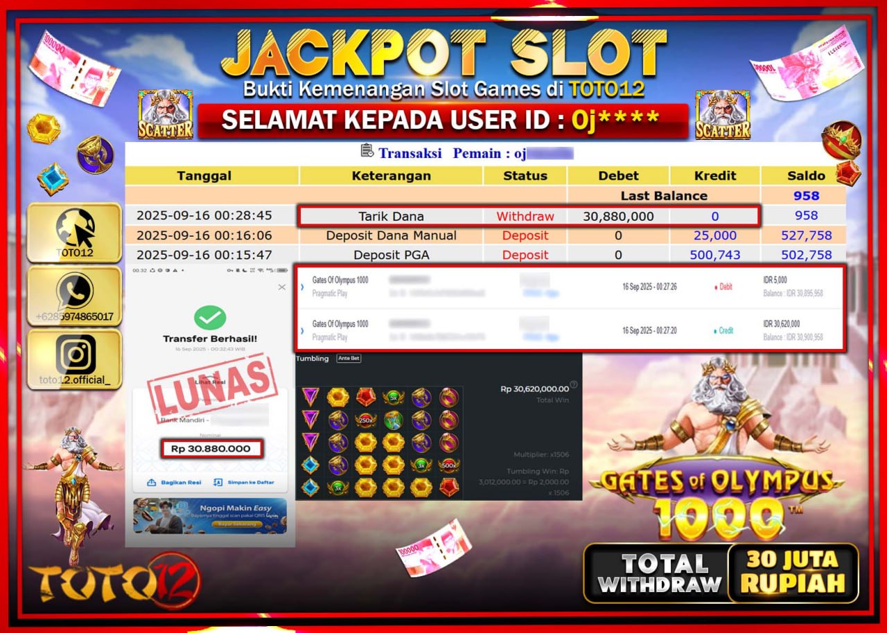 HANYA DI TOTO12 JP PASTI DI BAYAR LUNAS DAN CEPAT!!!!!! JACKPOT SLOT GAME (GATES OF OLYMPUS 1000) Rp.30.880.000 !!!!