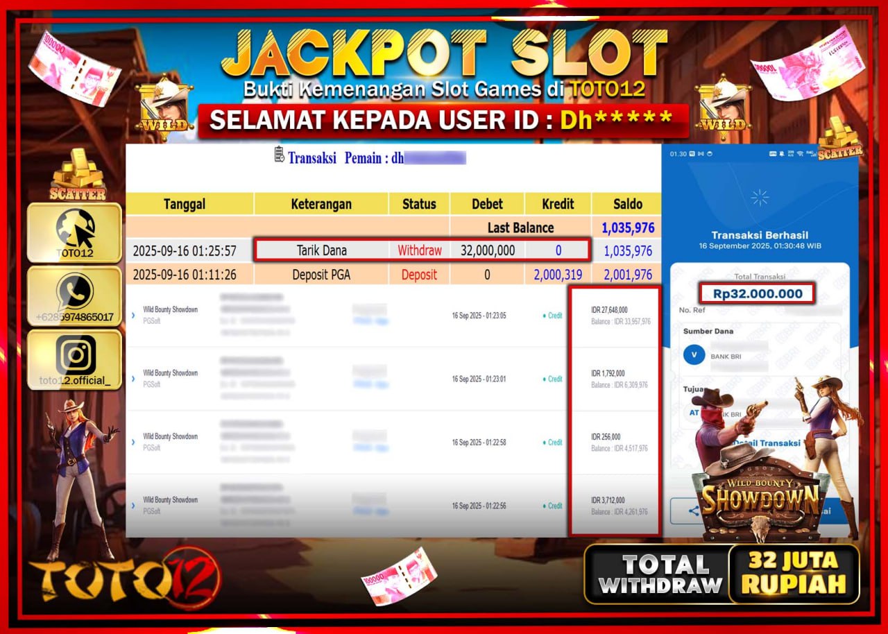 HANYA DI TOTO12 JP PASTI DI BAYAR LUNAS DAN CEPAT!!!!!! JACKPOT SLOT GAME (WILD BOUNTY SHOWDOWN) Rp.32.000.000 !!!!