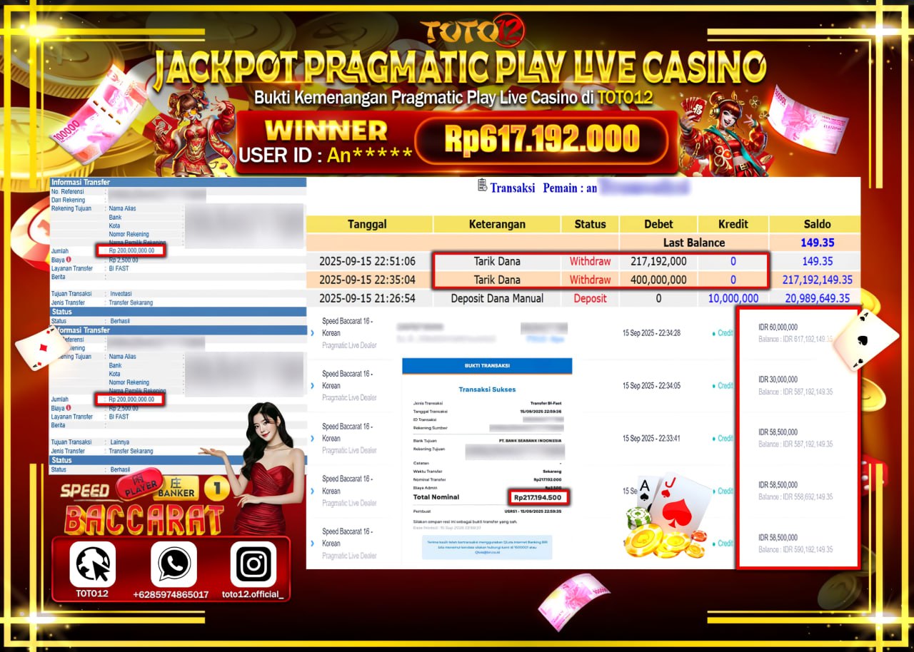 HANYA DI TOTO12 JP PASTI DI BAYAR LUNAS DAN CEPAT!!!!!! JACKPOT PRAGMATIC PLAY LIVE CASINO (SPEED BACCARAT 16 KOREAN) Rp.617.192.000 !!!!