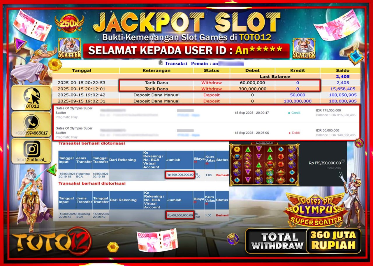 HANYA DI TOTO12 JP PASTI DI BAYAR LUNAS DAN CEPAT!!!!!! JACKPOT SLOT GAME (GATES OF OLYMPUS SUPER SCATTER) Rp.360.000.000 !!!!