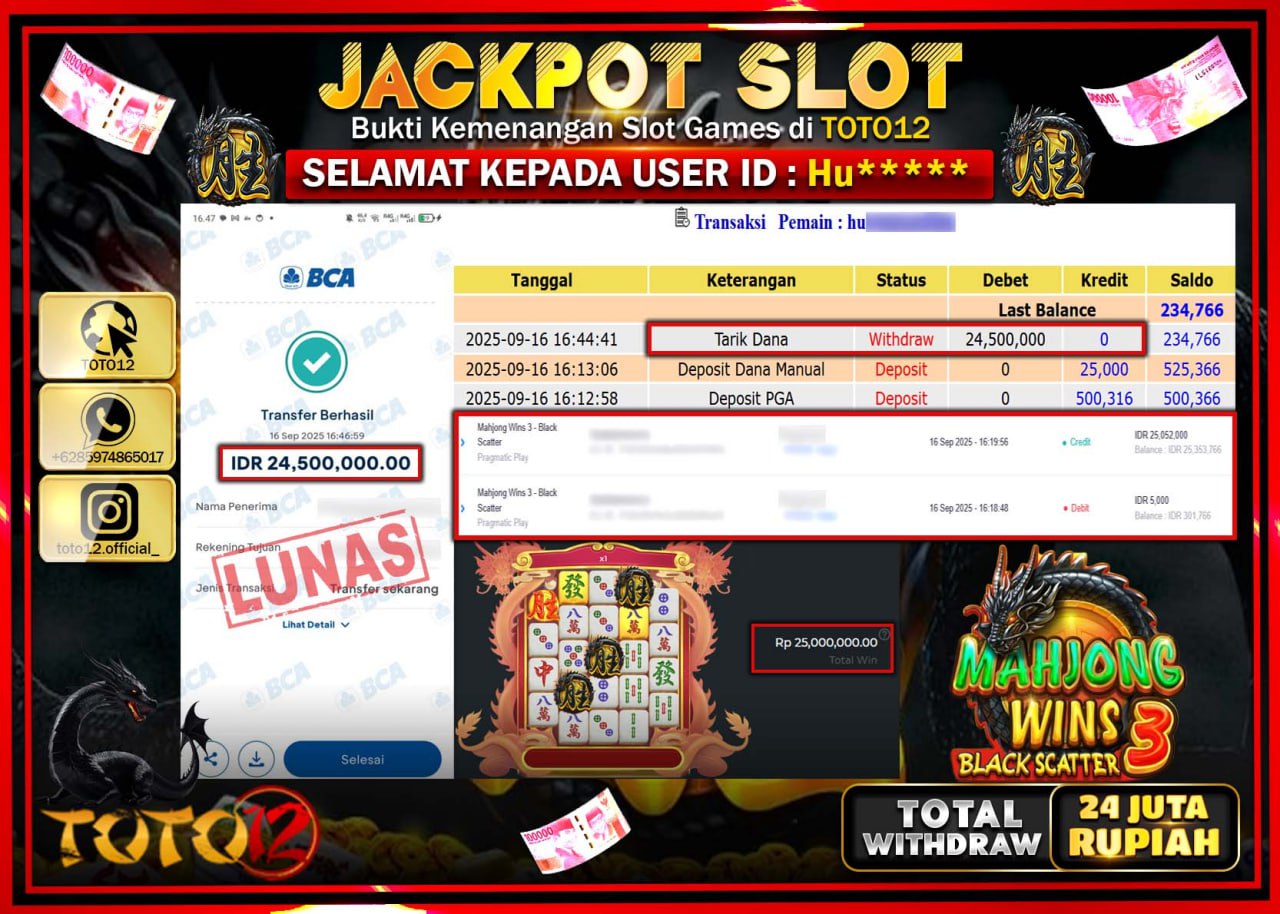 HANYA DI TOTO12 JP PASTI DI BAYAR LUNAS DAN CEPAT!!!!!! JACKPOT SLOT GAME (MAHJONG WINS 3 BLACK SCATTER) Rp.24.500.000 !!!!