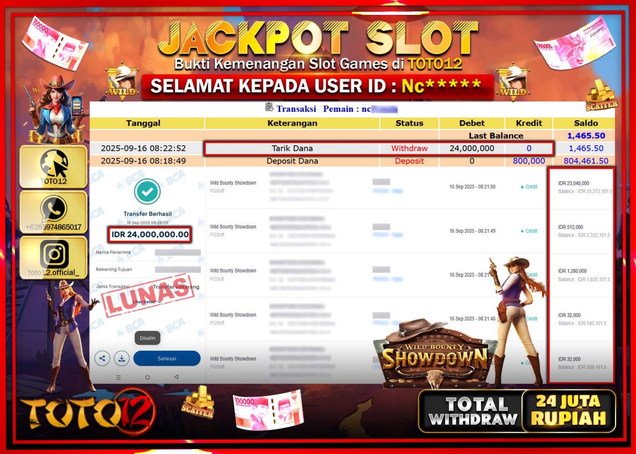 HANYA DI TOTO12 JP PASTI DI BAYAR LUNAS DAN CEPAT!!!!!! JACKPOT SLOT GAME (WILD BOUNTY SHOWDOWN) Rp.24.000.000 !!!!