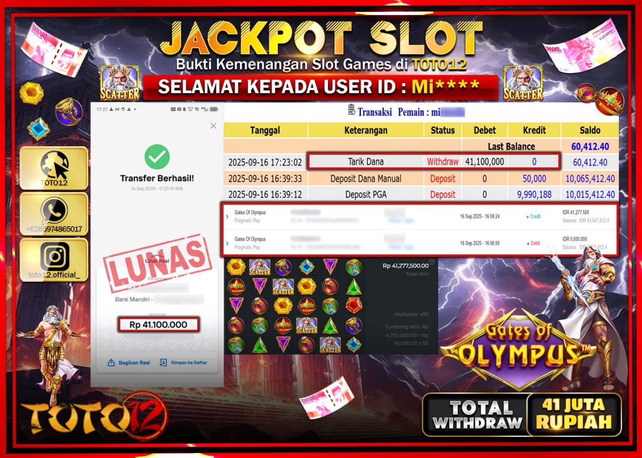 HANYA DI TOTO12 JP PASTI DI BAYAR LUNAS DAN CEPAT!!!!!! JACKPOT SLOT GAME (GATES OF OLYMPUS) Rp.41.100.000 !!!!
