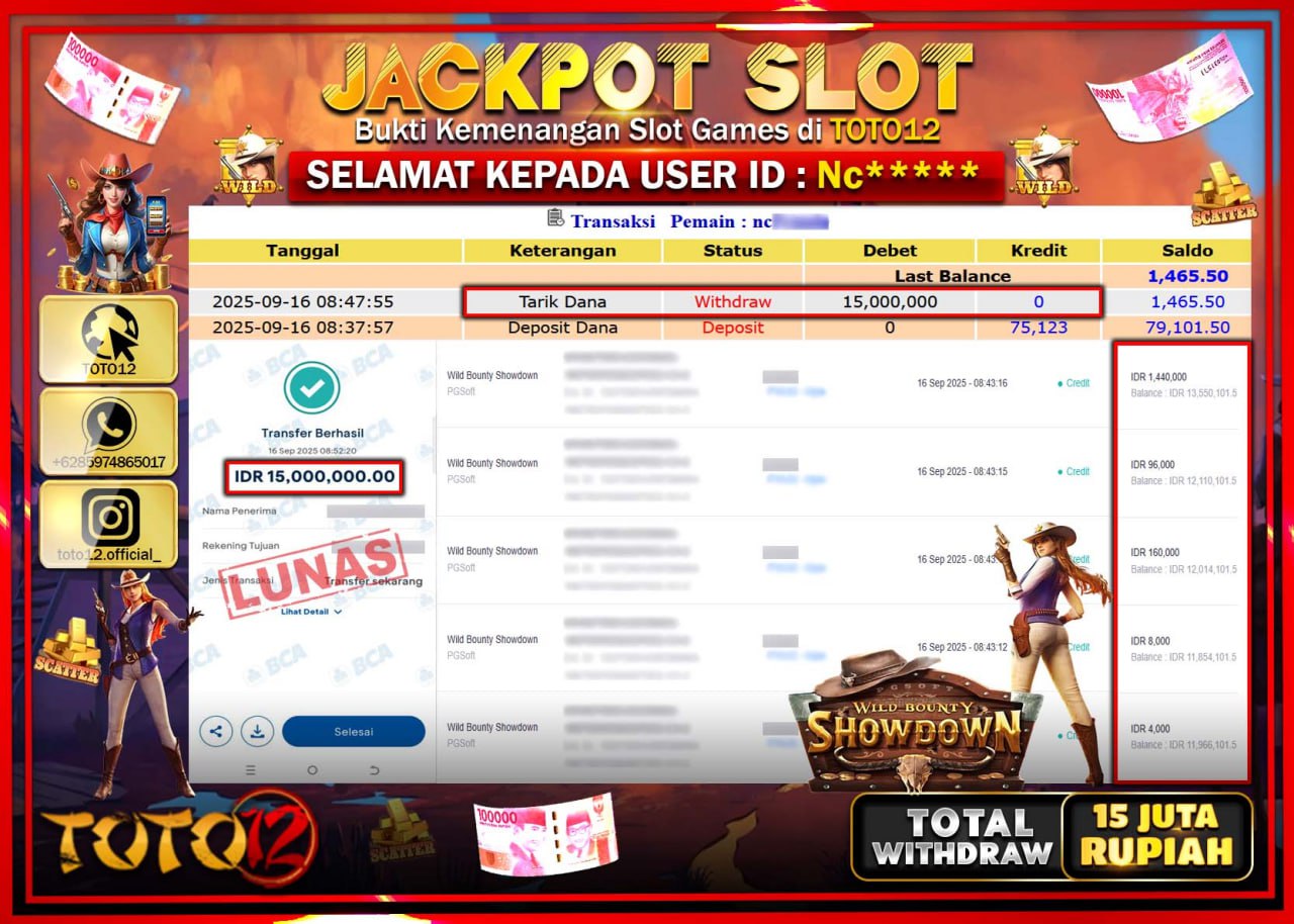 HANYA DI TOTO12 JP PASTI DI BAYAR LUNAS DAN CEPAT!!!!!! JACKPOT SLOT GAME (WILD BOUNTY SHOWDOWN) Rp.15.000.000 !!!!