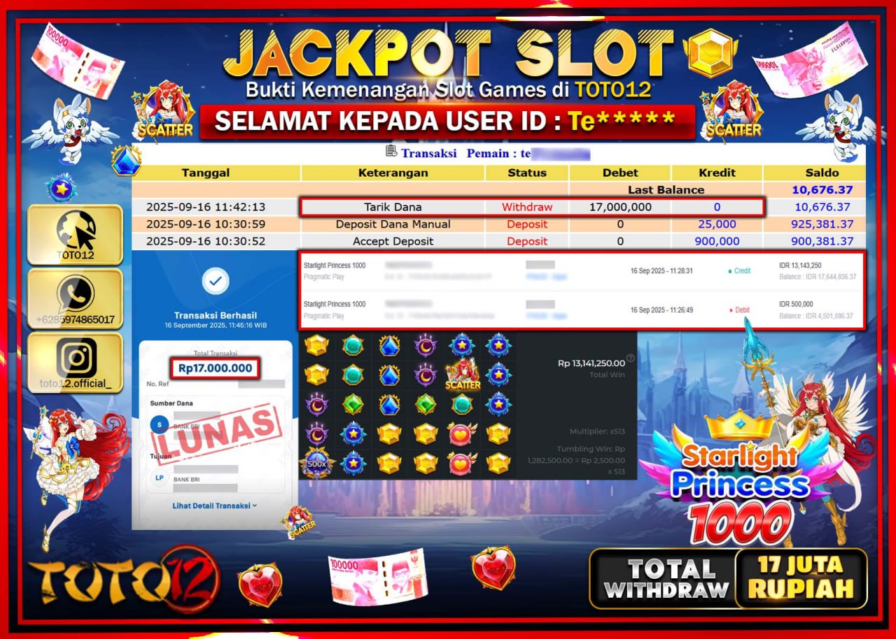 HANYA DI TOTO12 JP PASTI DI BAYAR LUNAS DAN CEPAT!!!!!! JACKPOT SLOT GAME (STARLIGHT PRINCESS 1000) Rp.17.000.000 !!!!