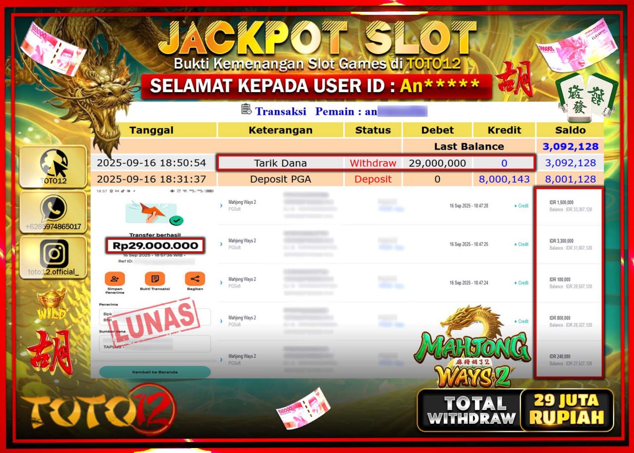HANYA DI TOTO12 JP PASTI DI BAYAR LUNAS DAN CEPAT!!!!!! JACKPOT SLOT GAME (MAHJONG WAYS 2) Rp.29.000.000 !!!!
