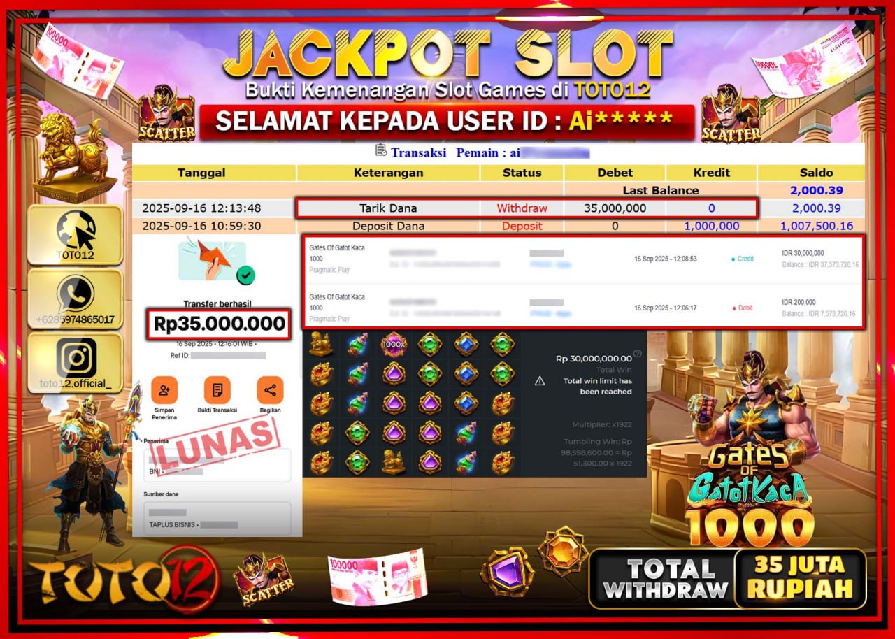 HANYA DI TOTO12 JP PASTI DI BAYAR LUNAS DAN CEPAT!!!!!! JACKPOT SLOT GAME (GATES OF GATOT KACA 1000) Rp.35.000.000 !!!!