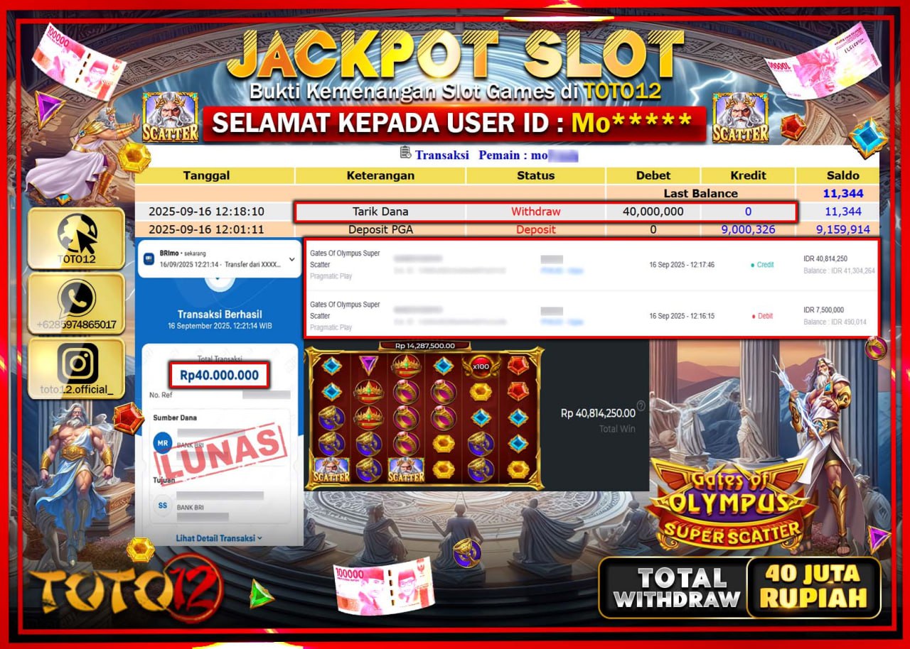 HANYA DI TOTO12 JP PASTI DI BAYAR LUNAS DAN CEPAT!!!!!! JACKPOT SLOT GAME (GATES OF OLYMPUS SUPER SCATTER) Rp.40.000.000 !!!!