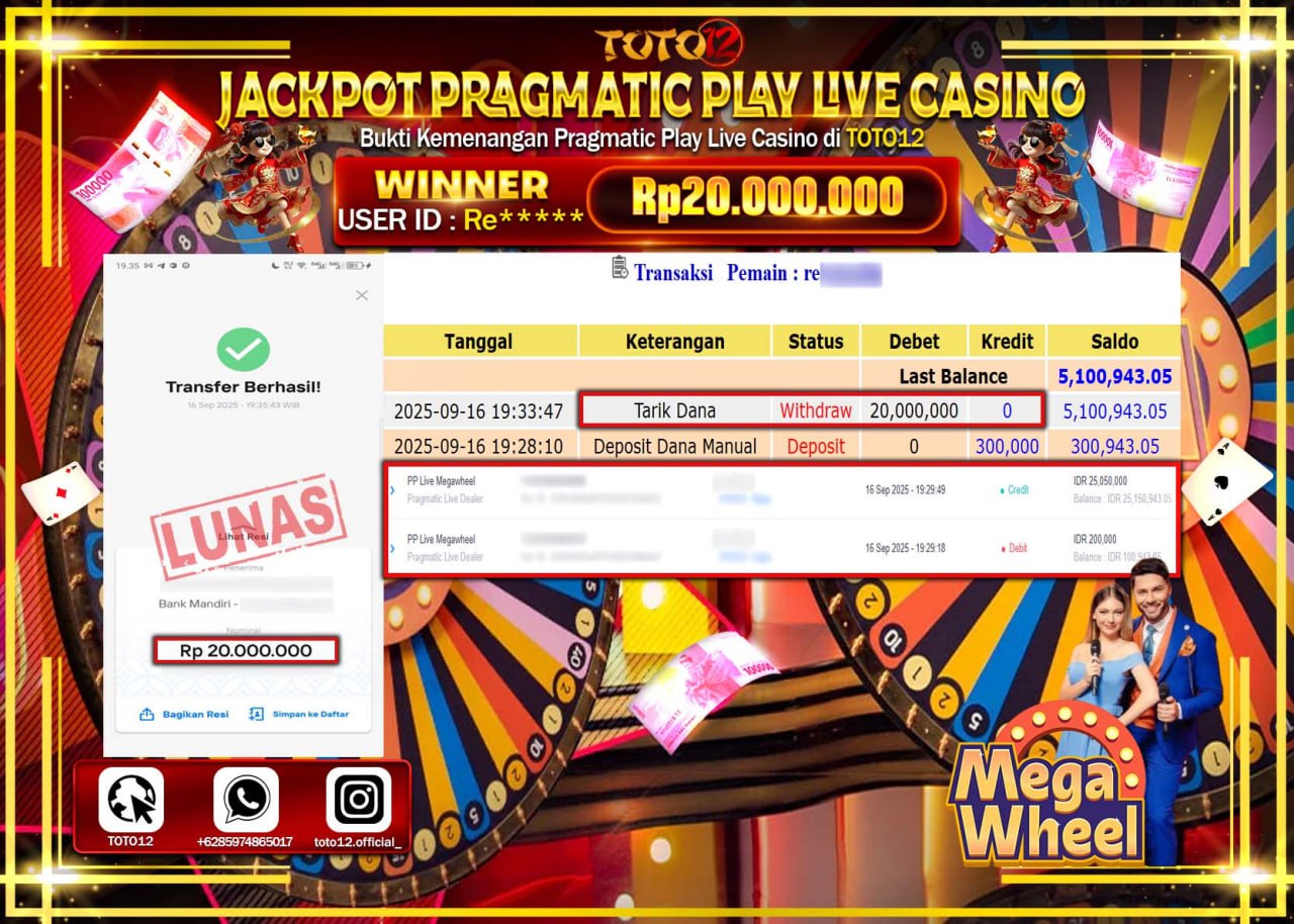 HANYA DI TOTO12 JP PASTI DI BAYAR LUNAS DAN CEPAT!!!!!! JACKPOT PRAGMATIC PLAY LIVE CASINO (MEGA WHEEL) Rp.20.000.000 !!!!