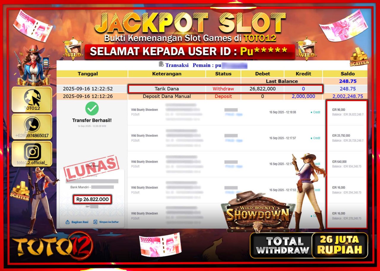 HANYA DI TOTO12 JP PASTI DI BAYAR LUNAS DAN CEPAT!!!!!! JACKPOT SLOT GAME (WILD BOUNTY SHOWDOWN) Rp.26.822.000 !!!!