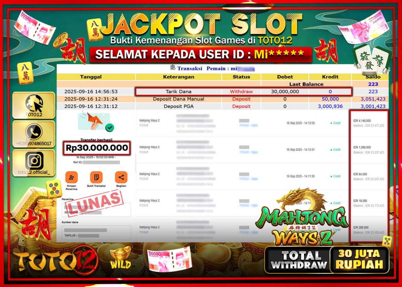 HANYA DI TOTO12 JP PASTI DI BAYAR LUNAS DAN CEPAT!!!!!! JACKPOT SLOT GAME (MAHJONG WAYS 2) Rp.30.000.000 !!!!