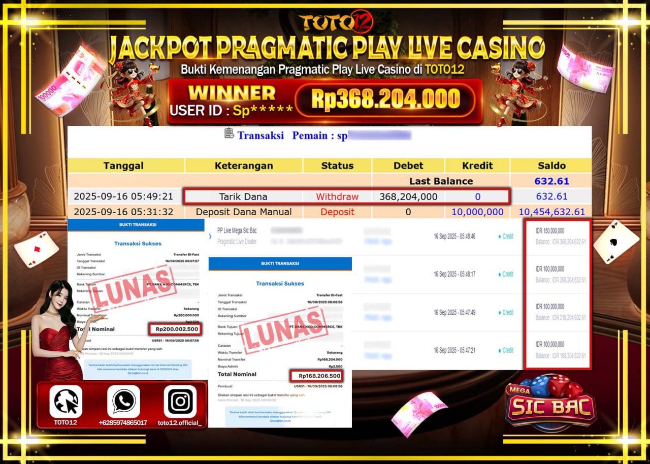 HANYA DI TOTO12 JP PASTI DI BAYAR LUNAS DAN CEPAT!!!!!! JACKPOT PRAGMATIC PLAY LIVE CASINO (SIC BAC) Rp.368.204.000 !!!!