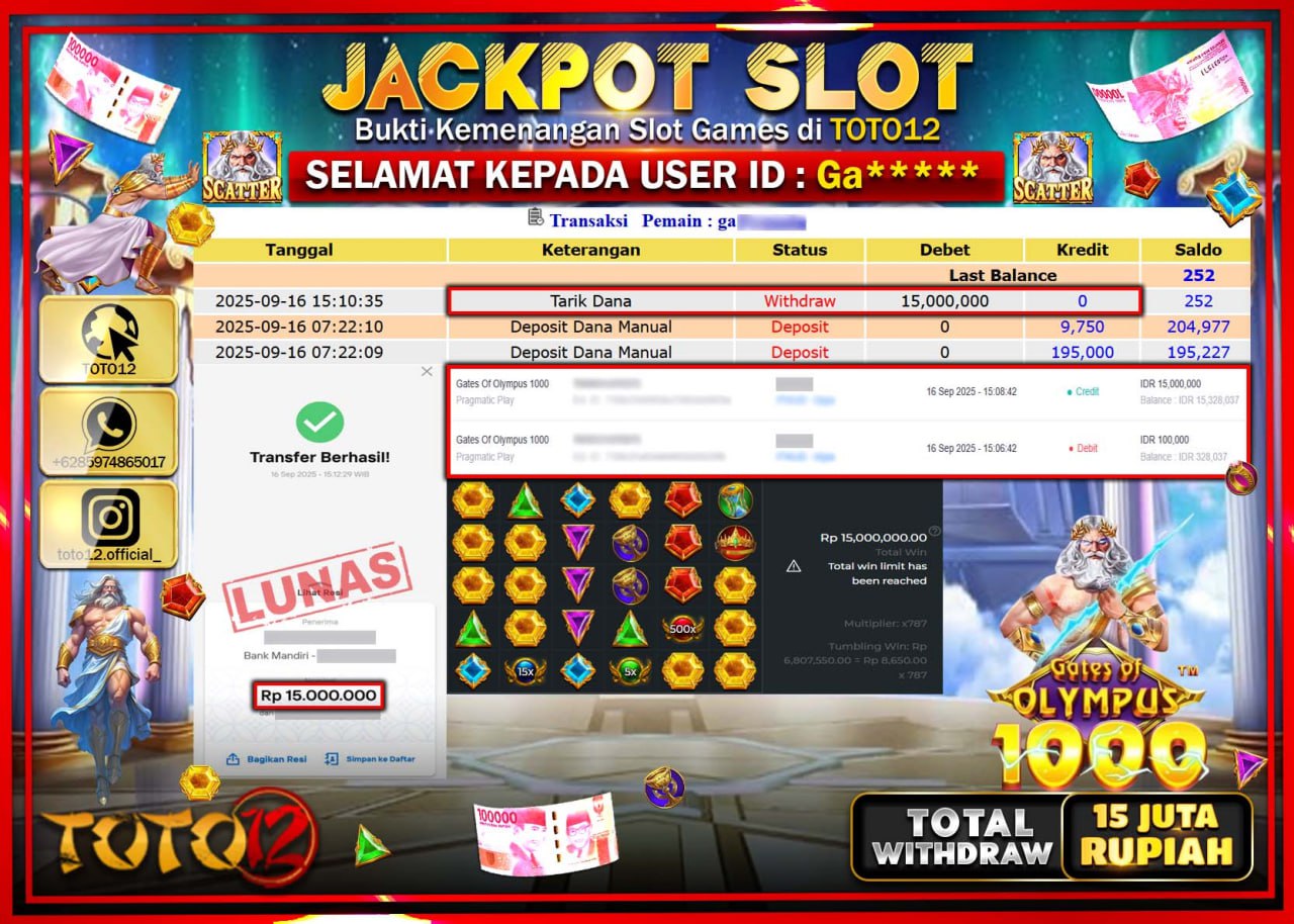 HANYA DI TOTO12 JP PASTI DI BAYAR LUNAS DAN CEPAT!!!!!! JACKPOT SLOT GAME (GATES OF OLYMPUS 1000) Rp.15.000.000 !!!!