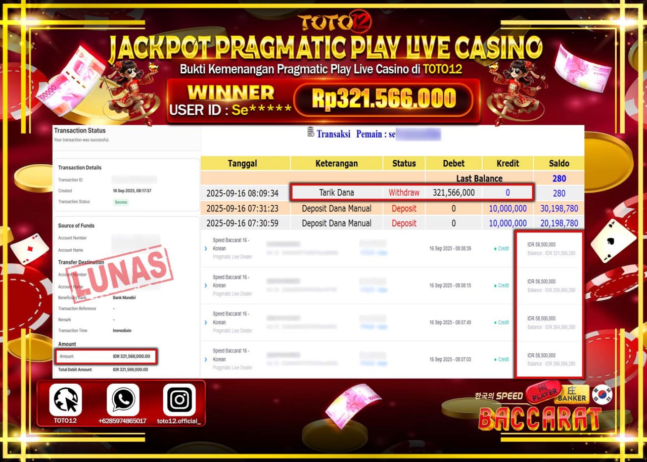 HANYA DI TOTO12 JP PASTI DI BAYAR LUNAS DAN CEPAT!!!!!! JACKPOT PRAGMATIC PLAY LIVE CASINO (SPEED BACCARAT 16 KOREAN) Rp.321.566.000 !!!!