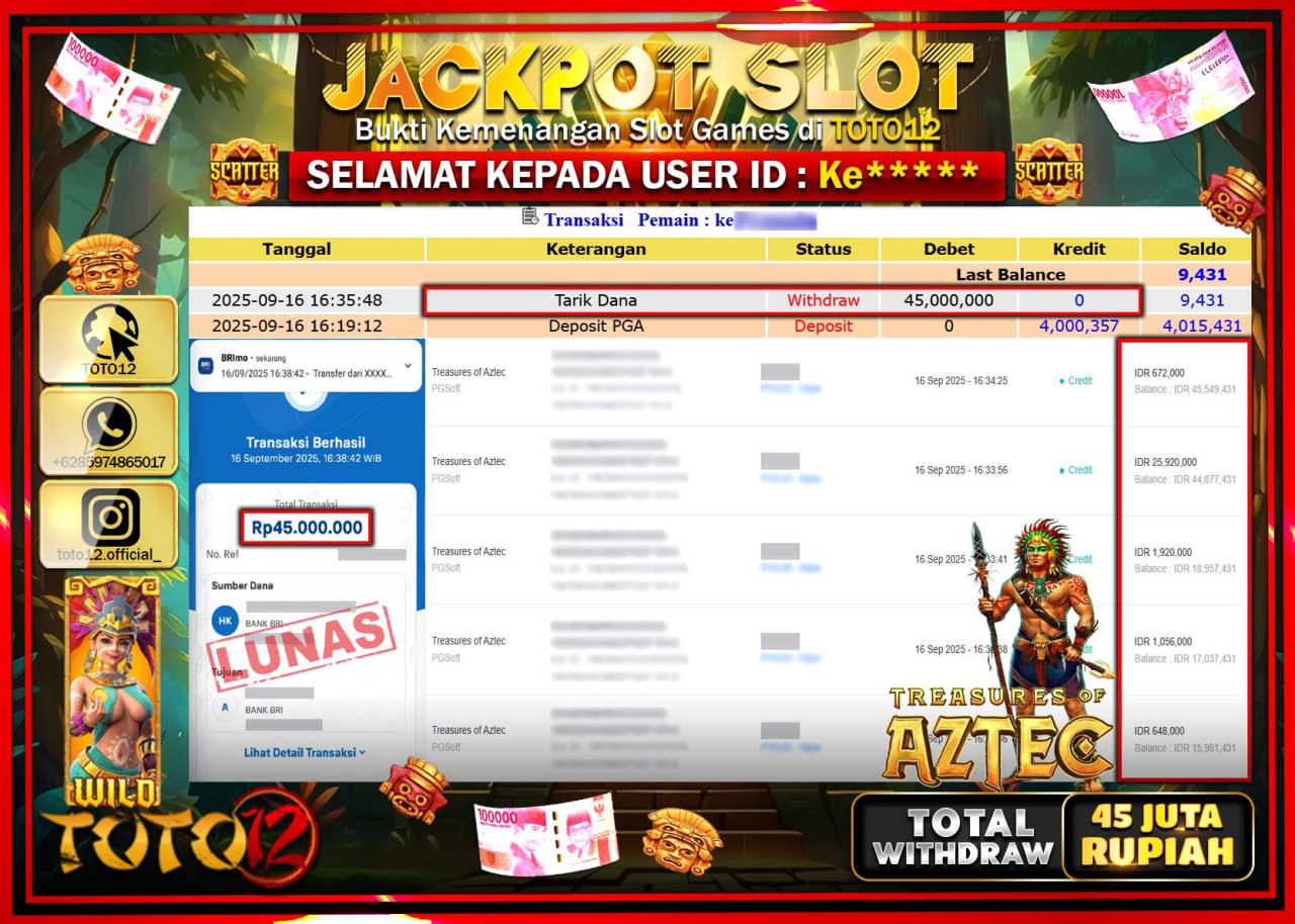 HANYA DI TOTO12 JP PASTI DI BAYAR LUNAS DAN CEPAT!!!!!! JACKPOT SLOT GAME (TREASURES OF AZTEC) Rp.45.000.000 !!!!