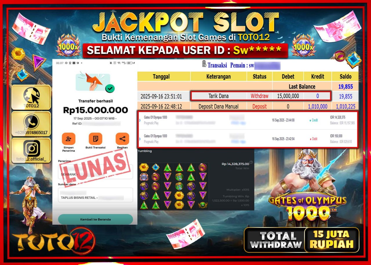 HANYA DI TOTO12 JP PASTI DI BAYAR LUNAS DAN CEPAT!!!!!! JACKPOT SLOT GAME (GATES OF OLYMPUS 1000) Rp.15.000.000 !!!!