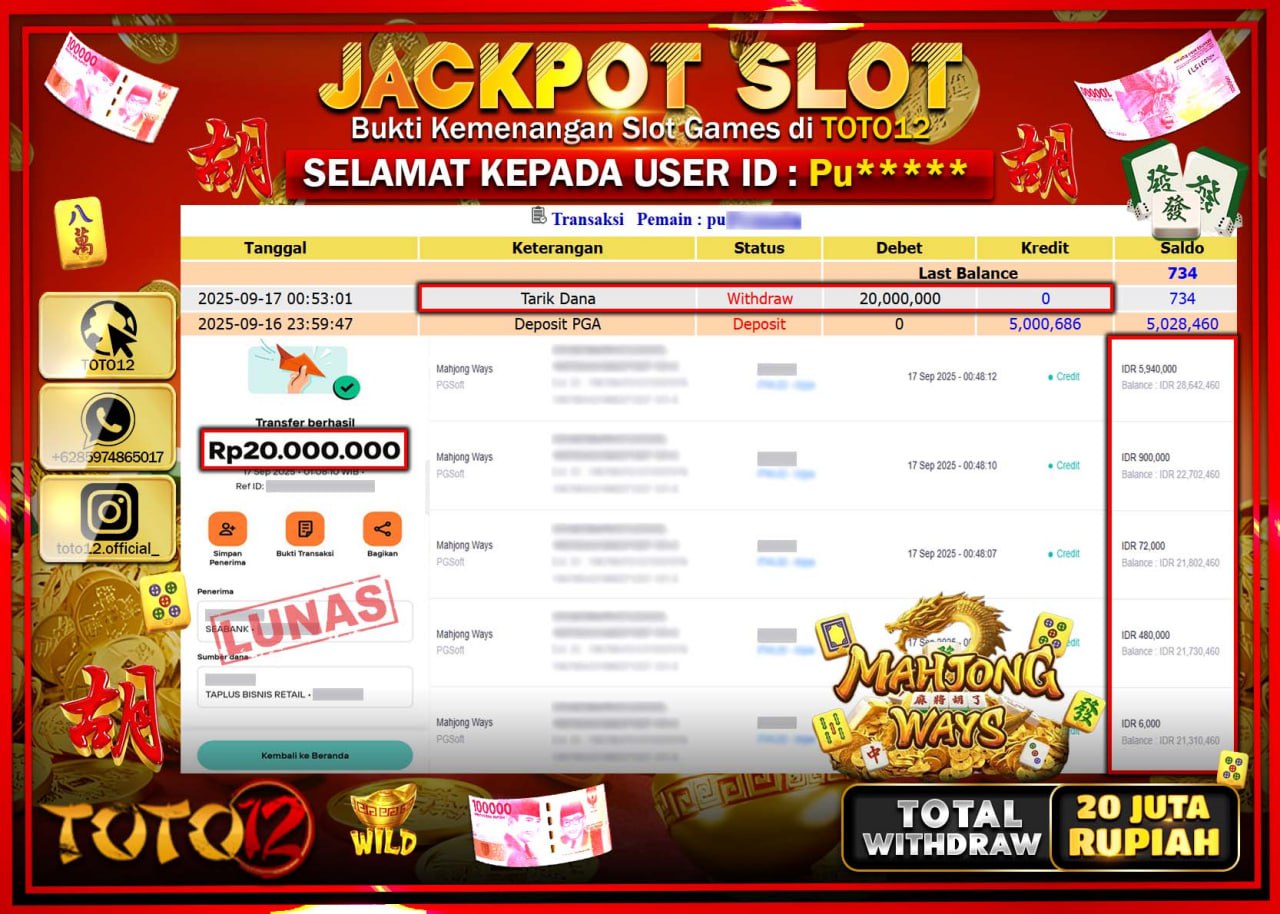 HANYA DI TOTO12 JP PASTI DI BAYAR LUNAS DAN CEPAT!!!!!! JACKPOT SLOT GAME (MAHJONG WAYS) Rp.20.000.000 !!!!