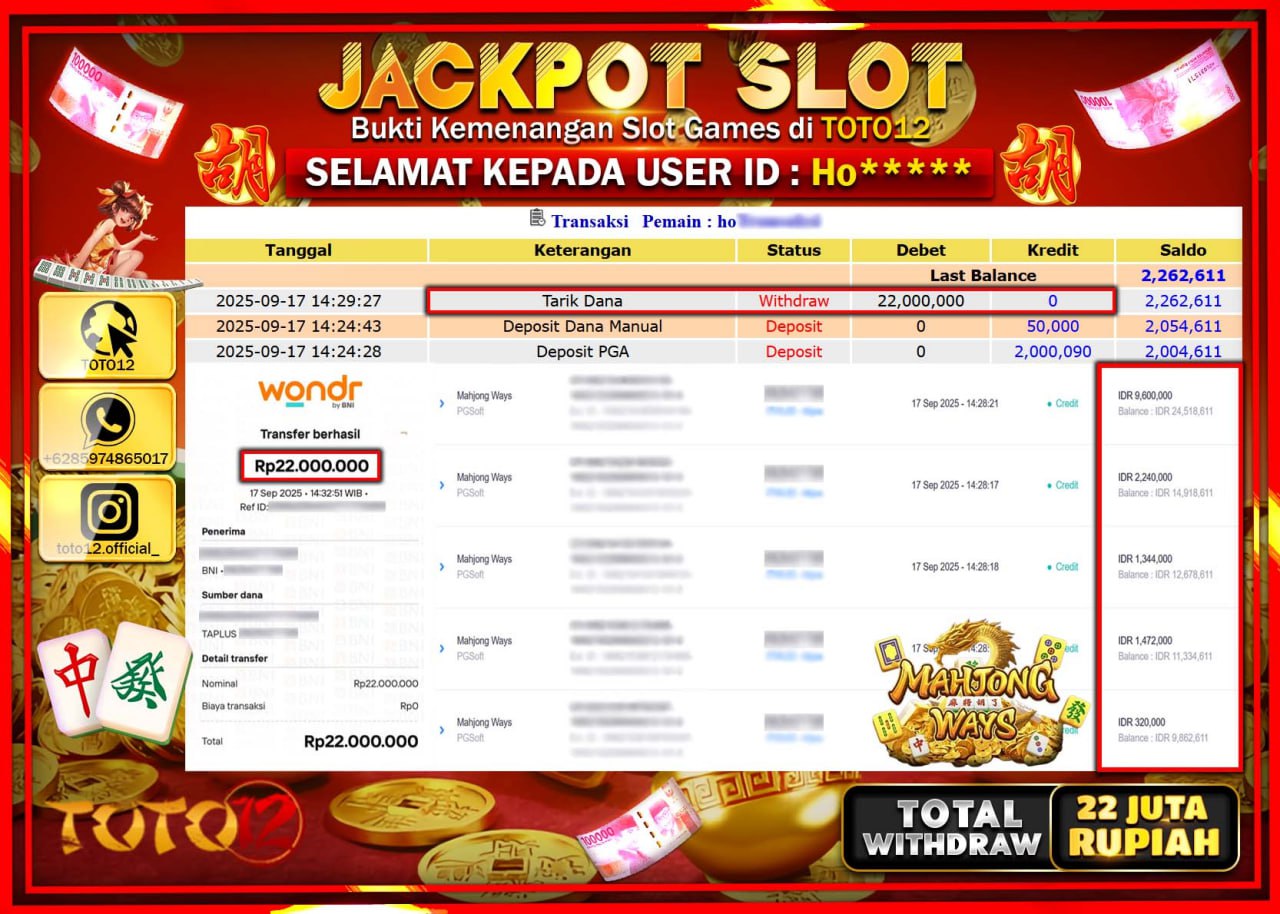 HANYA DI TOTO12 JP PASTI DI BAYAR LUNAS DAN CEPAT!!!!!! JACKPOT SLOT GAME (MAHJONG WAYS) Rp.22.000.000 !!!!