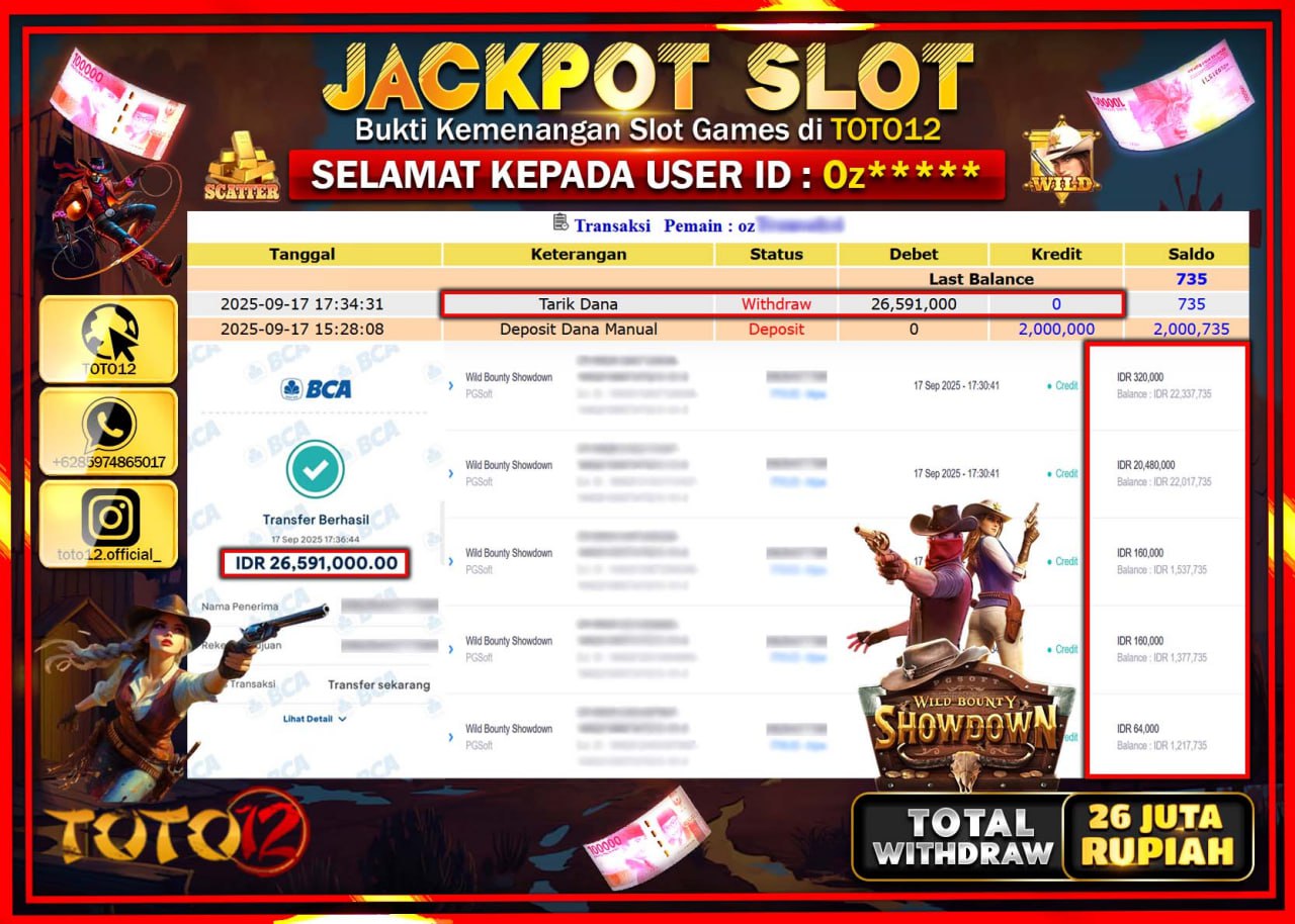 HANYA DI TOTO12 JP PASTI DI BAYAR LUNAS DAN CEPAT!!!!!! JACKPOT SLOT GAME (WILD BOUNTY SHOWDOWN) Rp.26.591.000 !!!!