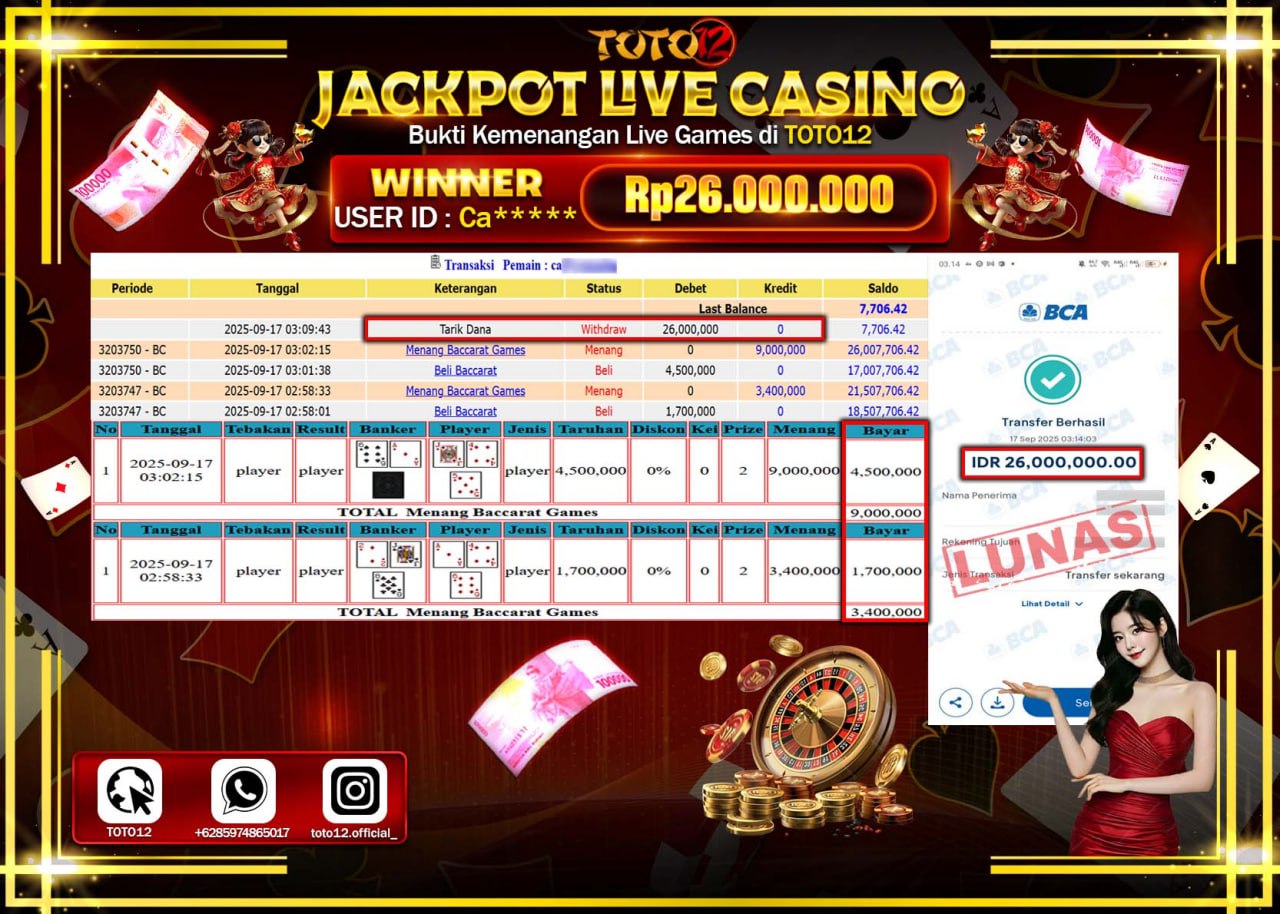 HANYA DI TOTO12 JP PASTI DI BAYAR LUNAS DAN CEPAT!!!!!! JACKPOT LIVE CASINO (BACCARAT) Rp.26.000.000 !!!!