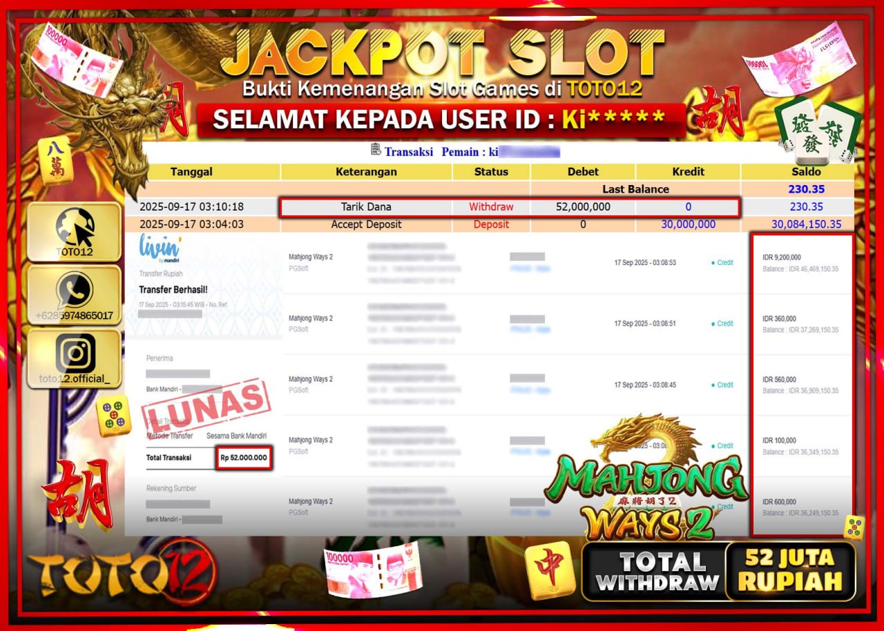 HANYA DI TOTO12 JP PASTI DI BAYAR LUNAS DAN CEPAT!!!!!! JACKPOT SLOT GAME (MAHJONG WAYS 2) Rp.52.000.000 !!!!