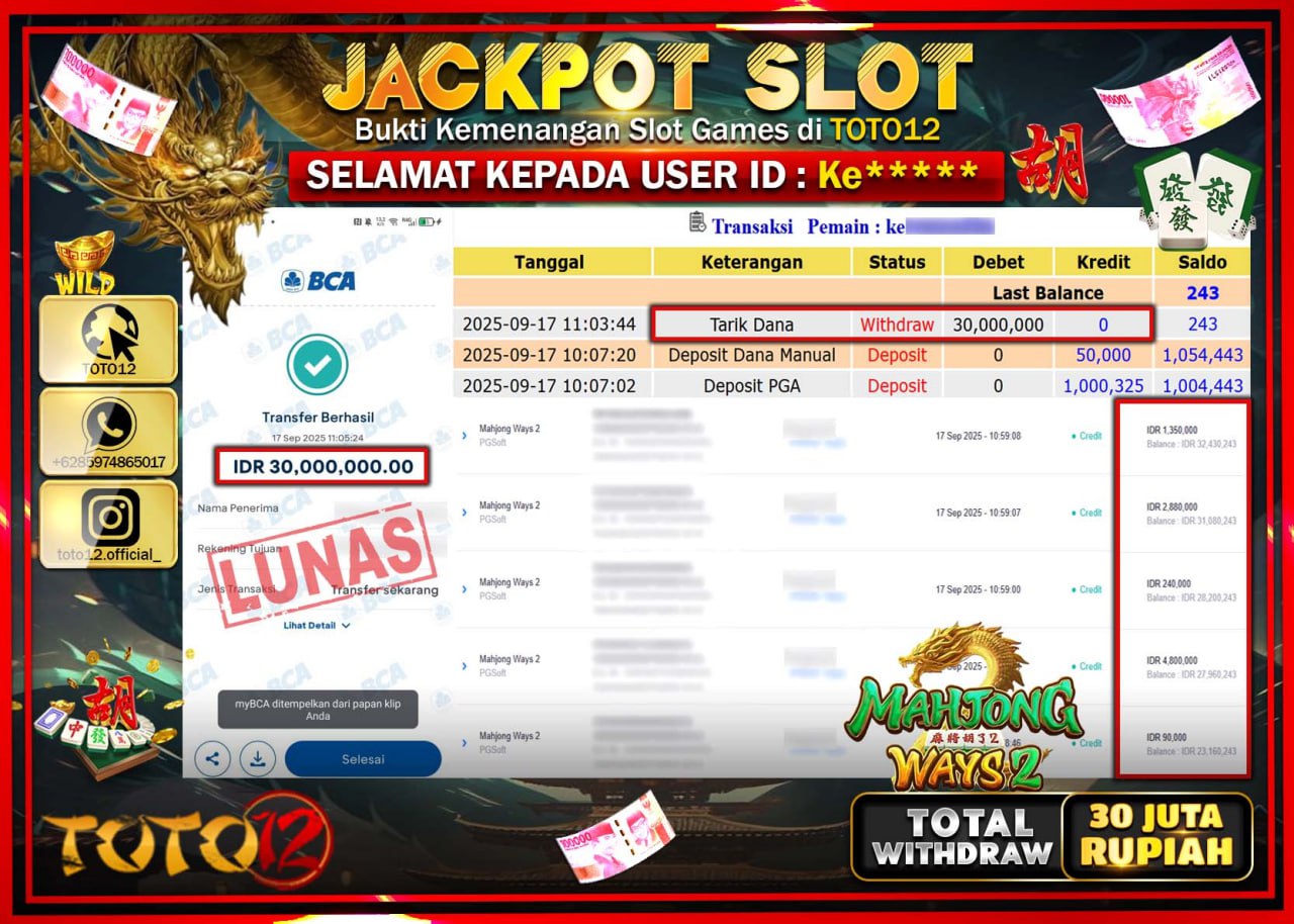 HANYA DI TOTO12 JP PASTI DI BAYAR LUNAS DAN CEPAT!!!!!! JACKPOT SLOT GAME (MAHJONG WAYS 2) Rp.30.000.000 !!!!