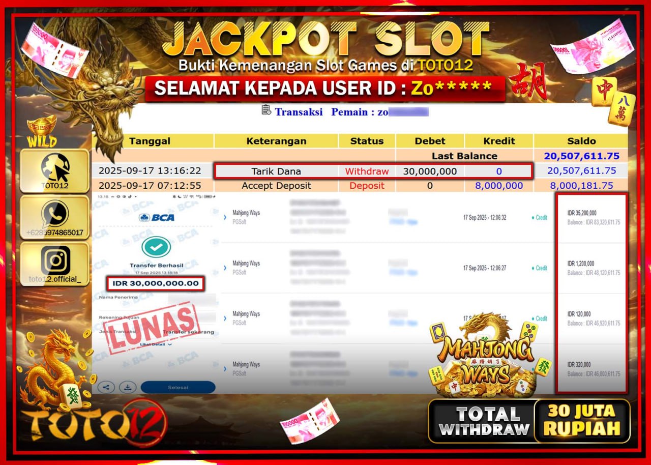 HANYA DI TOTO12 JP PASTI DI BAYAR LUNAS DAN CEPAT!!!!!! JACKPOT SLOT GAME (MAHJONG WAYS) Rp.30.000.000 !!!!