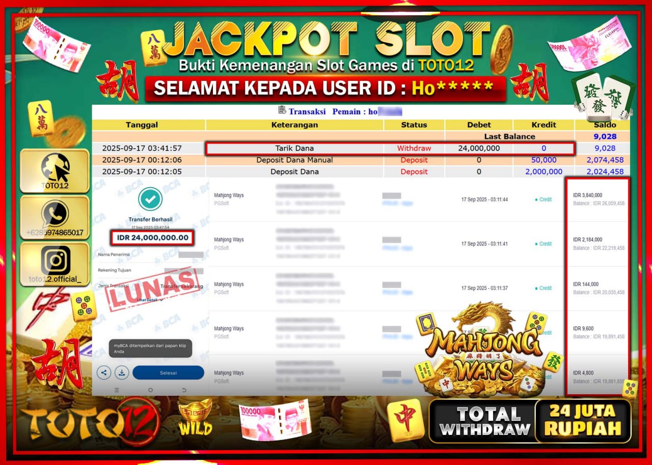 HANYA DI TOTO12 JP PASTI DI BAYAR LUNAS DAN CEPAT!!!!!! JACKPOT SLOT GAME (MAHJONG WAYS) Rp.24.000.000 !!!!