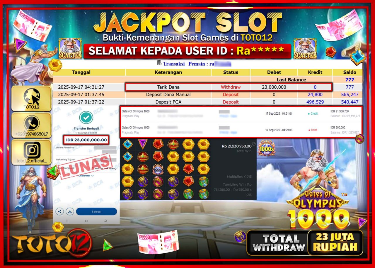 HANYA DI TOTO12 JP PASTI DI BAYAR LUNAS DAN CEPAT!!!!!! JACKPOT SLOT GAME (GATES OF OLYMPUS 1000) Rp.23.000.000 !!!!