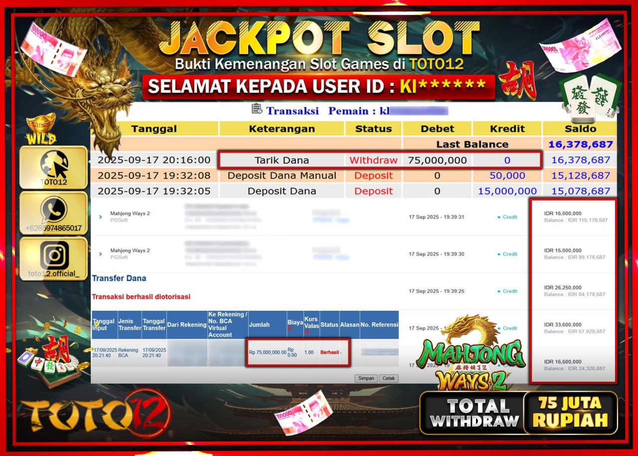 HANYA DI TOTO12 JP PASTI DI BAYAR LUNAS DAN CEPAT!!!!!! JACKPOT SLOT GAME (MAHJONG WAYS 2) Rp.75.000.000 !!!!
