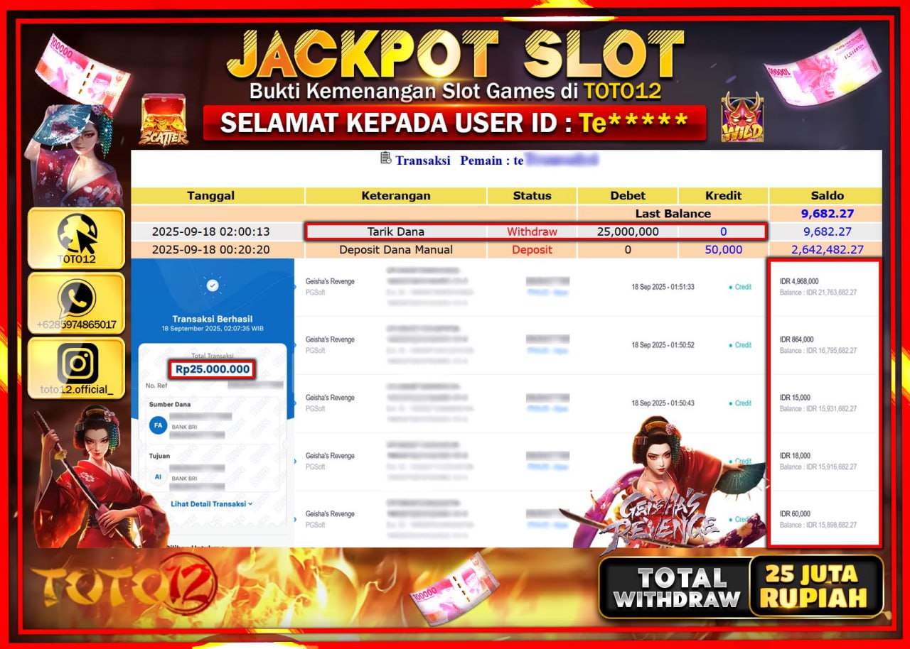 HANYA DI TOTO12 JP PASTI DI BAYAR LUNAS DAN CEPAT!!!!!! JACKPOT SLOT GAME (GEISHAS REVENGE) Rp.25.000.000 !!!!