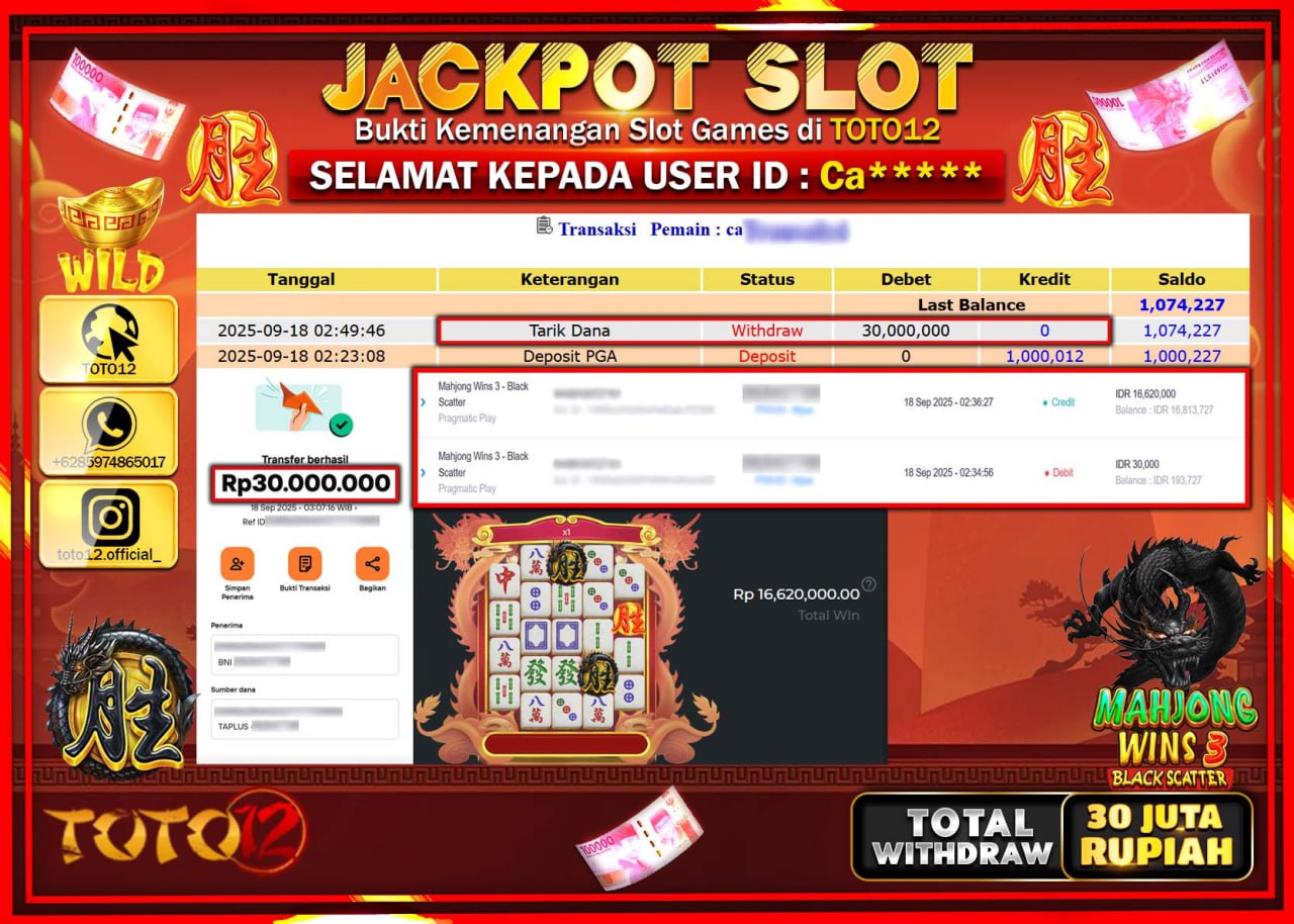 HANYA DI TOTO12 JP PASTI DI BAYAR LUNAS DAN CEPAT!!!!!! JACKPOT SLOT GAME (MAHJONG WINS 3 BLACK SCATTER) Rp.30.000.000 !!!!