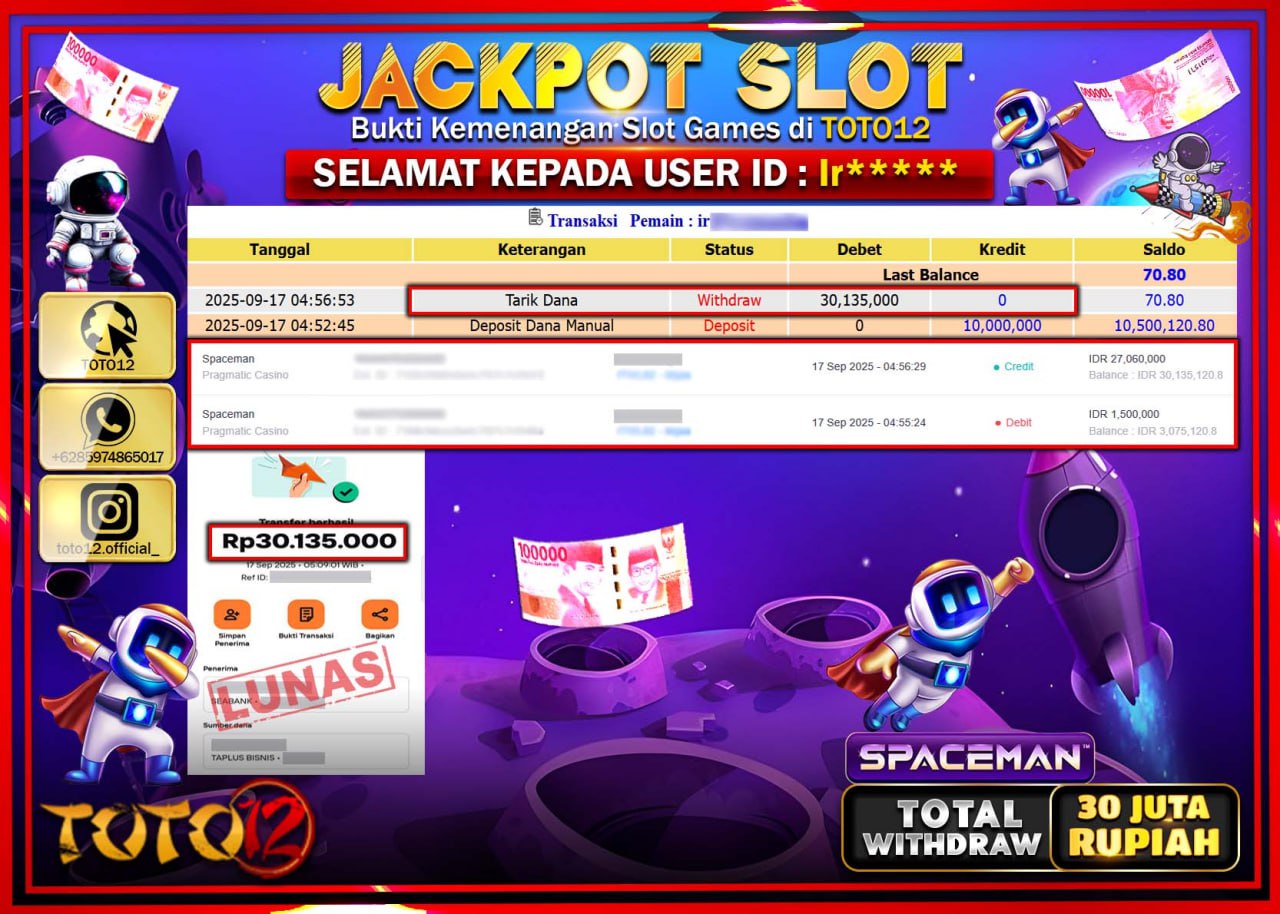 HANYA DI TOTO12 JP PASTI DI BAYAR LUNAS DAN CEPAT!!!!!! JACKPOT SLOT GAME (SPACEMAN) Rp.30.135.000 !!!!