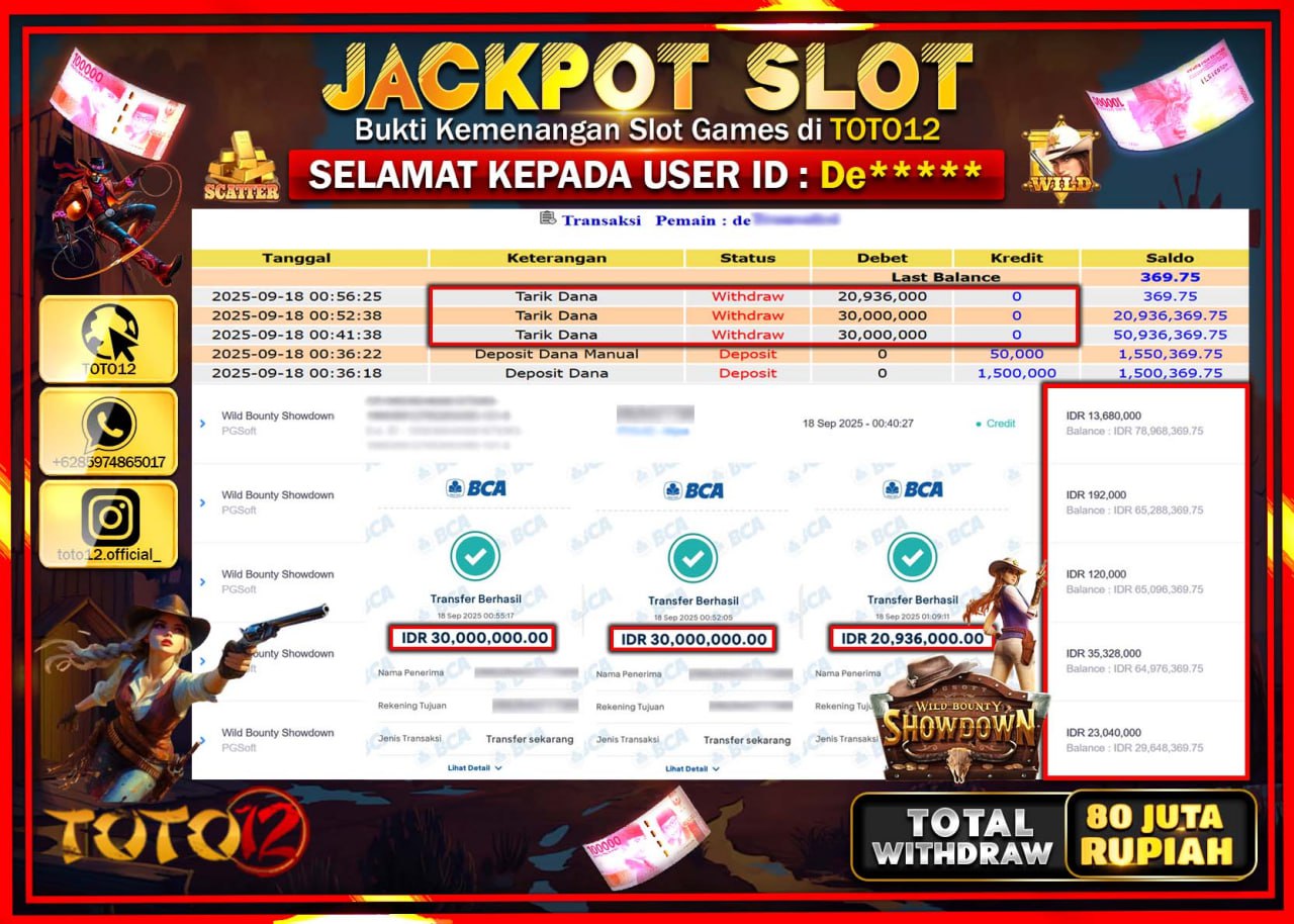 HANYA DI TOTO12 JP PASTI DI BAYAR LUNAS DAN CEPAT!!!!!! JACKPOT SLOT GAME (WILD BOUNTY SHOWDOWN) Rp.80.936.000 !!!!