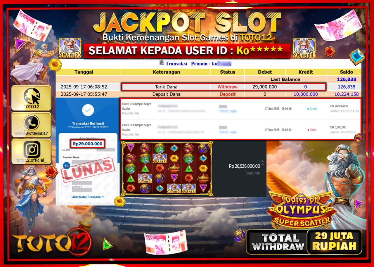 HANYA DI TOTO12 JP PASTI DI BAYAR LUNAS DAN CEPAT!!!!!! JACKPOT SLOT GAME (GATES OF OLYMPUS SUPER SCATTER) Rp.29.000.000 !!!!