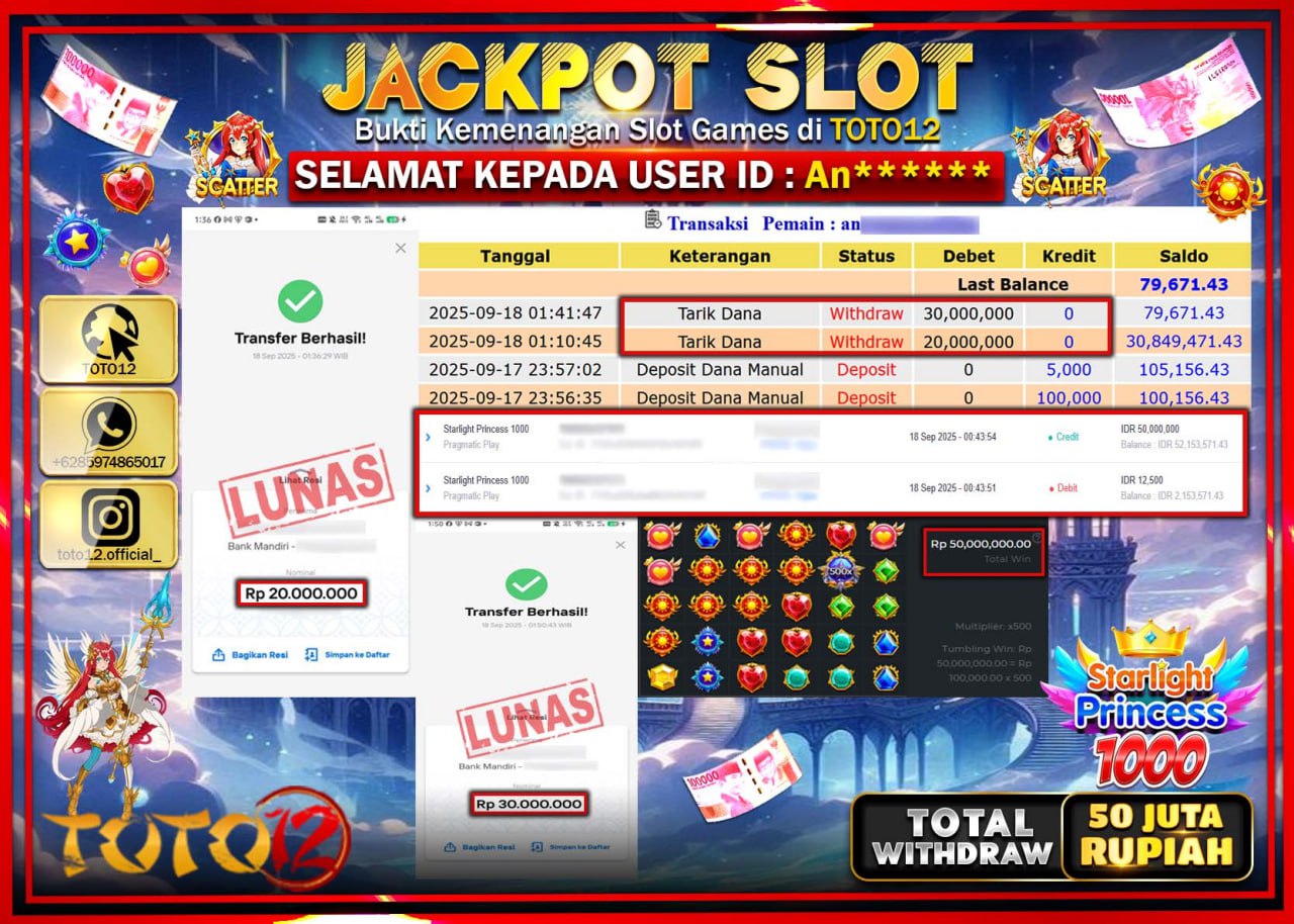 HANYA DI TOTO12 JP PASTI DI BAYAR LUNAS DAN CEPAT!!!!!! JACKPOT SLOT GAME (STARLIGHT PRINCESS 1000) Rp.50.000.000 !!!!
