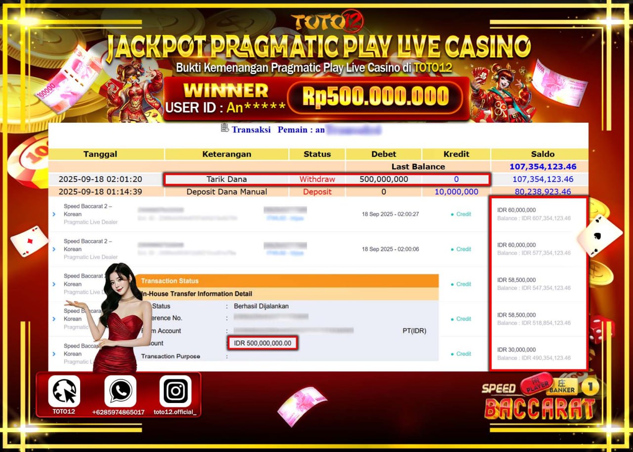 HANYA DI TOTO12 JP PASTI DI BAYAR LUNAS DAN CEPAT!!!!!! JACKPOT PRAGMATIC PLAY LIVE CASINO (SPEED BACCARAT 2 KOREAN) Rp.500.000.000 !!!!