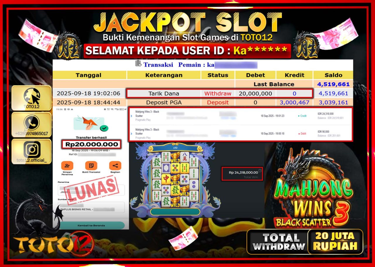 HANYA DI TOTO12 JP PASTI DI BAYAR LUNAS DAN CEPAT!!!!!! JACKPOT SLOT GAME (MAHJONG WINS 3 BLACK SCATTER) Rp.20.000.000 !!!!