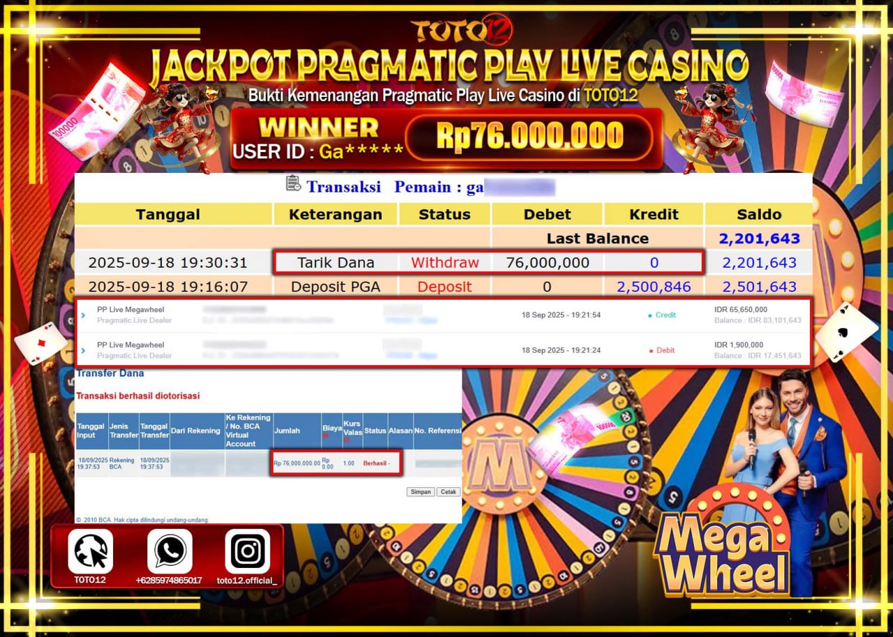 HANYA DI TOTO12 JP PASTI DI BAYAR LUNAS DAN CEPAT!!!!!! JACKPOT PRAGMATIC PLAY LIVE CASINO (MEGA WHEEL) Rp.76.000.000 !!!!