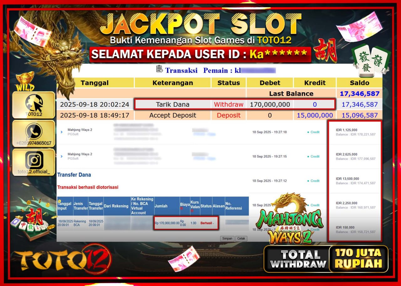 HANYA DI TOTO12 JP PASTI DI BAYAR LUNAS DAN CEPAT!!!!!! JACKPOT SLOT GAME (MAHJONG WAYS 2) Rp.170.000.000 !!!!