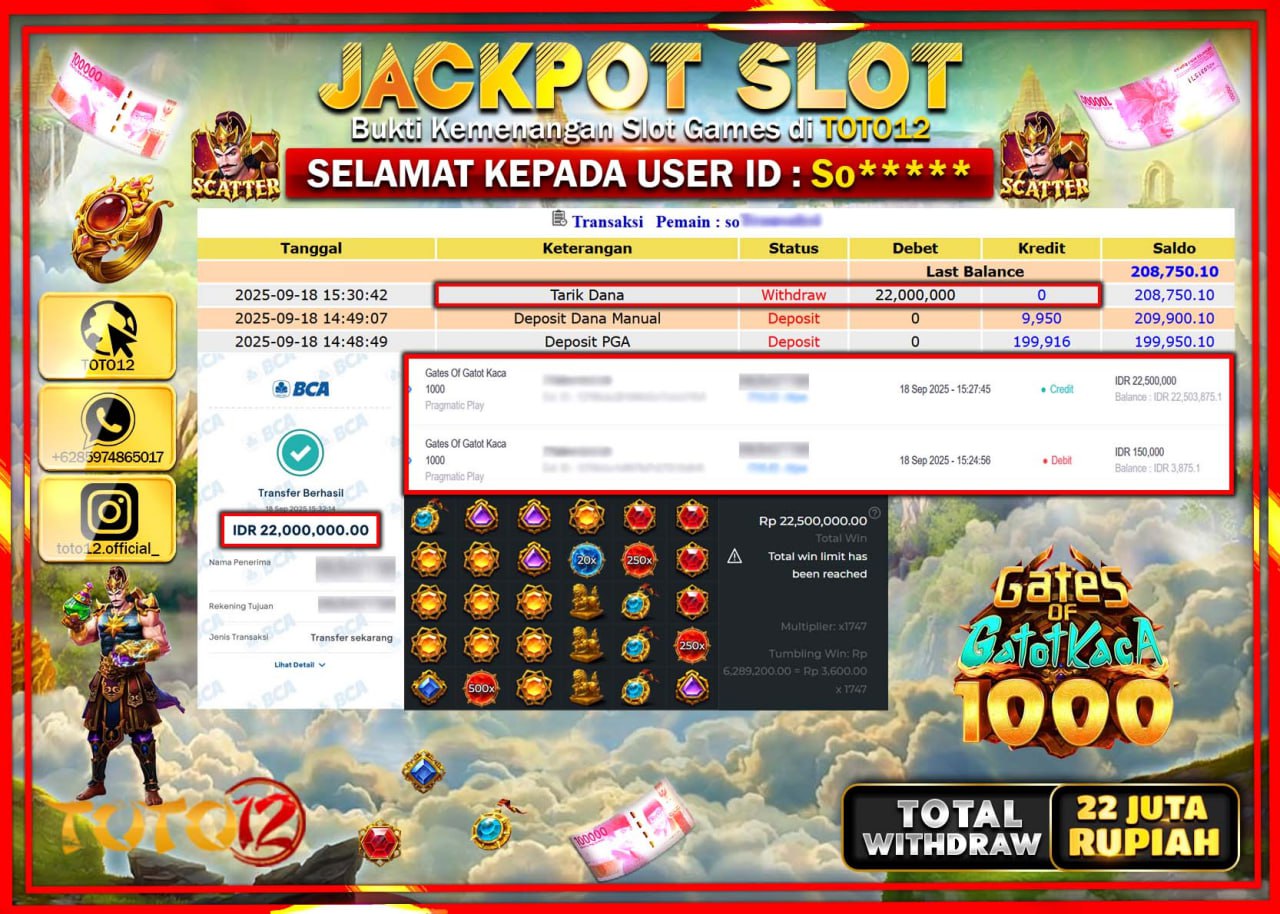 HANYA DI TOTO12 JP PASTI DI BAYAR LUNAS DAN CEPAT!!!!!! JACKPOT SLOT GAME (GATES OF GATOT KACA 1000) Rp.22.000.000 !!!!