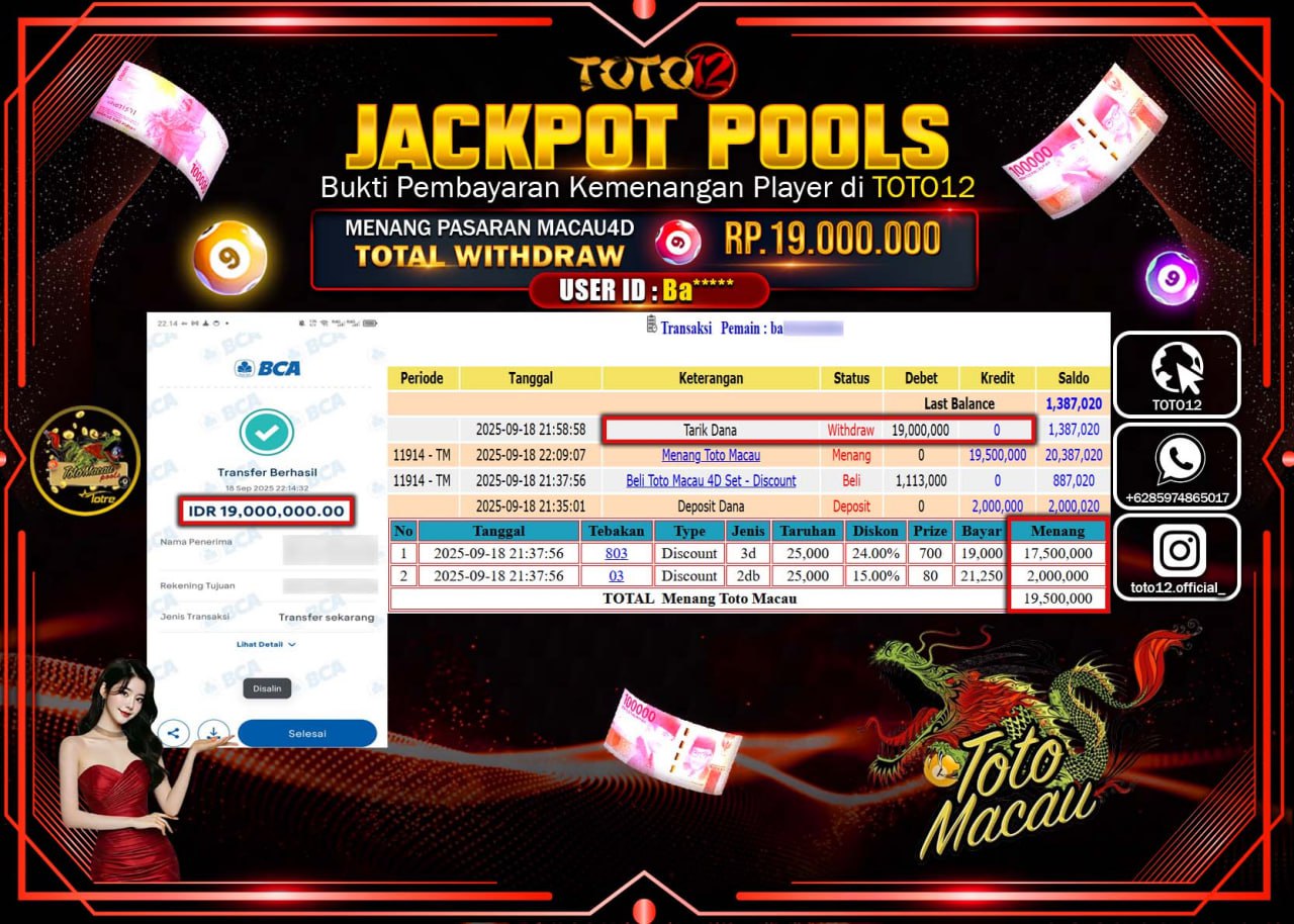 HANYA DI TOTO12 JP PASTI DI BAYAR LUNAS DAN CEPAT!!!!!! JACKPOT POOLS PASARAN (MACAU 4D) Rp.19.000.000 !!!!