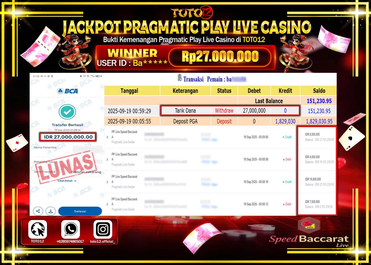 HANYA DI TOTO12 JP PASTI DI BAYAR LUNAS DAN CEPAT!!!!!! JACKPOT PRAGMATIC PLAY LIVE CASINO (SPEED BACCARAT) Rp.27.000.000 !!!!