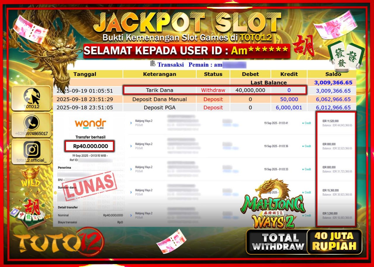 HANYA DI TOTO12 JP PASTI DI BAYAR LUNAS DAN CEPAT!!!!!! JACKPOT SLOT GAME (MAHJONG WAYS 2) Rp.40.000.000 !!!!