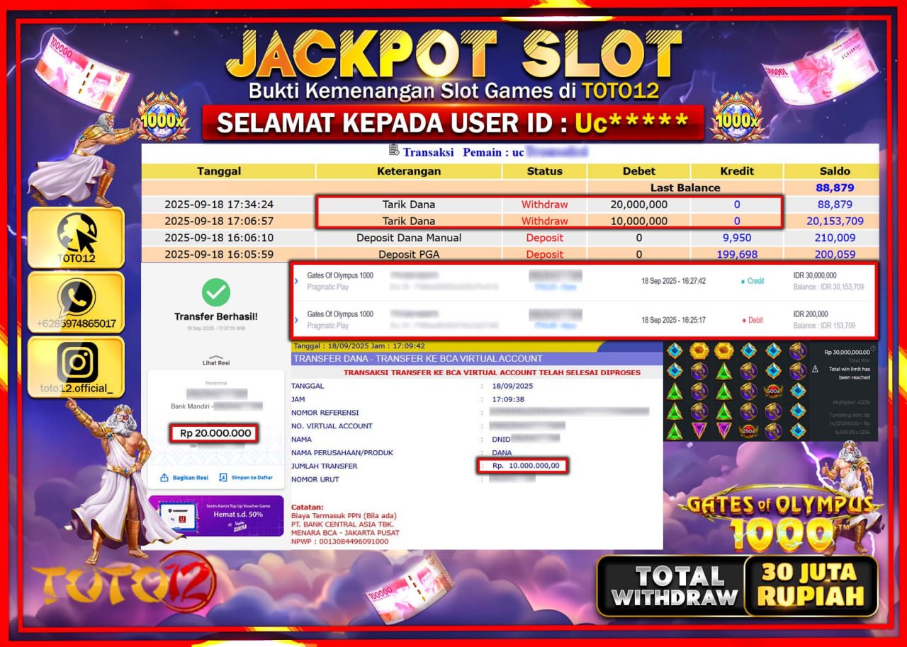 HANYA DI TOTO12 JP PASTI DI BAYAR LUNAS DAN CEPAT!!!!!! JACKPOT SLOT GAME (GATES OF OLYMPUS 1000) Rp.30.000.000 !!!!