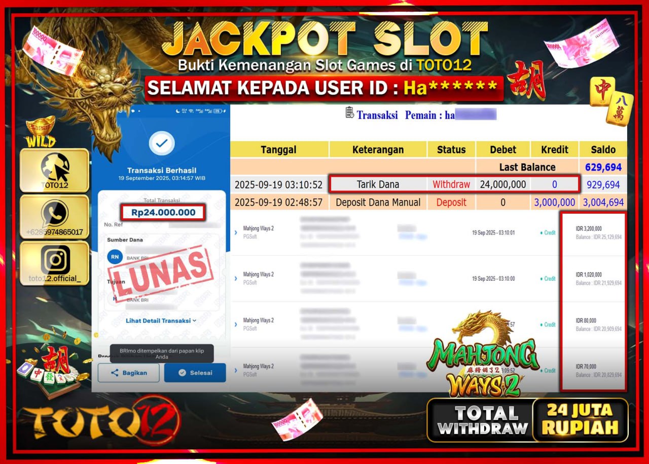 HANYA DI TOTO12 JP PASTI DI BAYAR LUNAS DAN CEPAT!!!!!! JACKPOT SLOT GAME (MAHJONG WAYS) Rp.24.000.000 !!!!