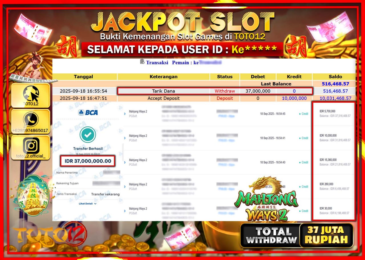 HANYA DI TOTO12 JP PASTI DI BAYAR LUNAS DAN CEPAT!!!!!! JACKPOT SLOT GAME (MAHJONG WAYS 2) Rp.37.000.000 !!!!