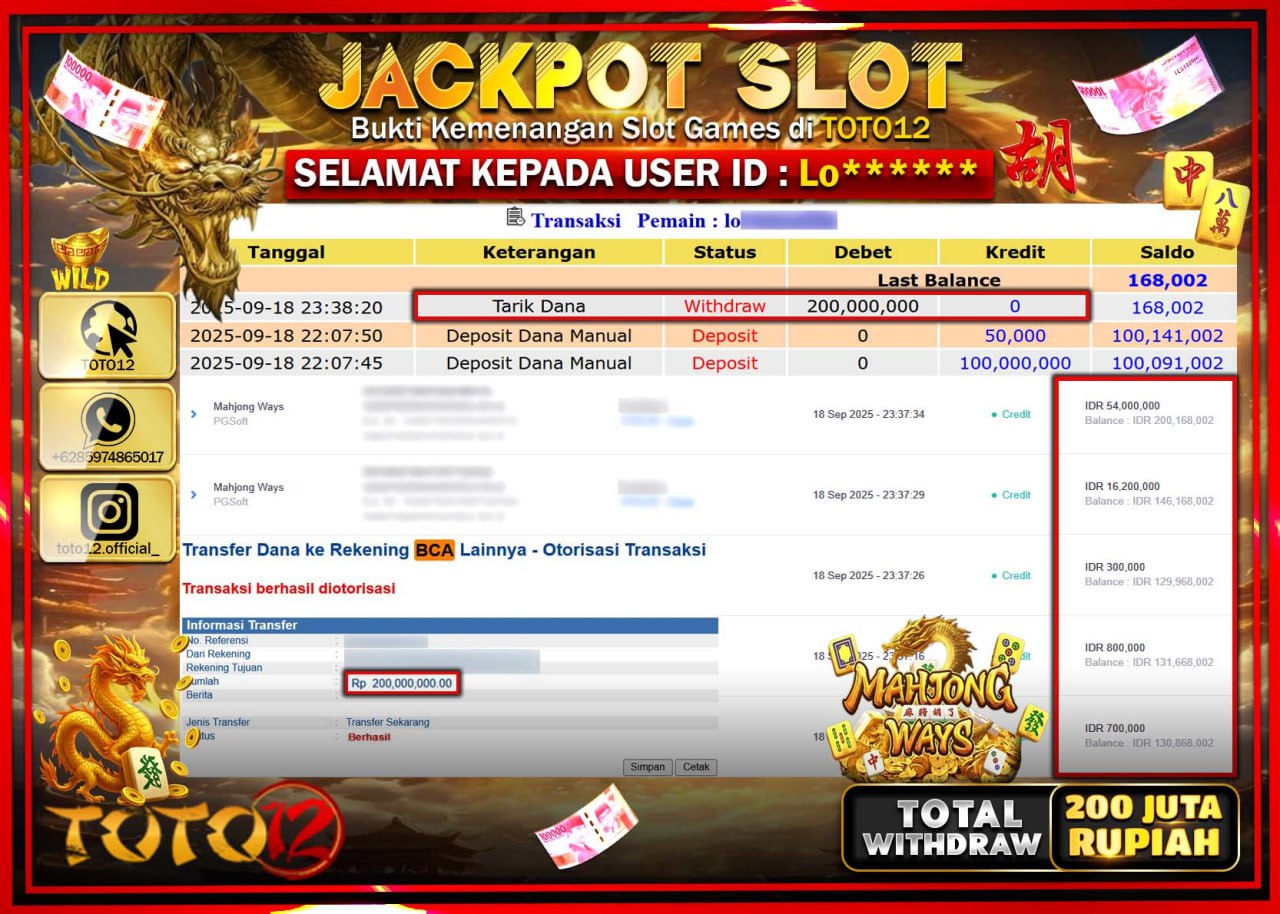 HANYA DI TOTO12 JP PASTI DI BAYAR LUNAS DAN CEPAT!!!!!! JACKPOT SLOT GAME (MAHJONG WAYS) Rp.200.000.000 !!!!