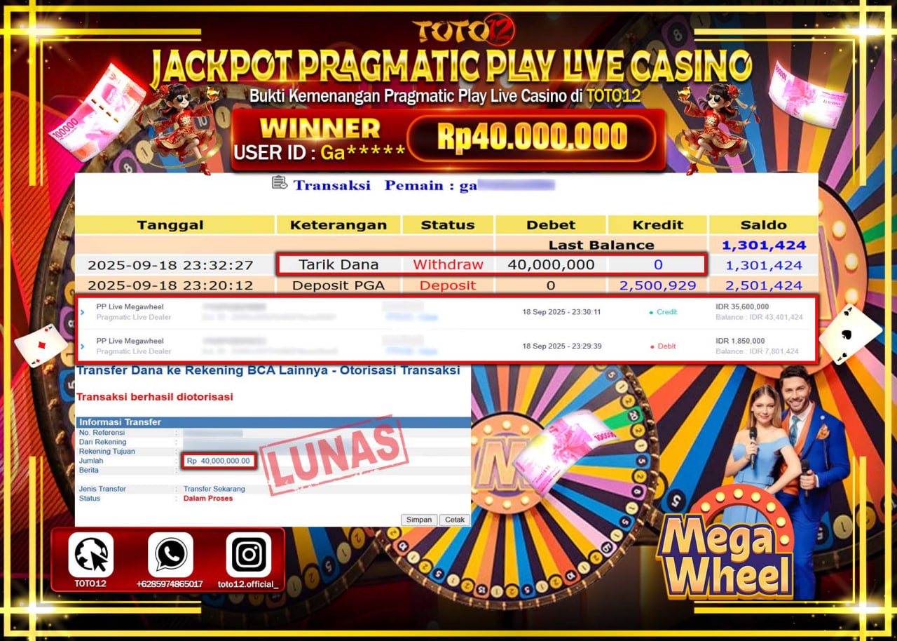 HANYA DI TOTO12 JP PASTI DI BAYAR LUNAS DAN CEPAT!!!!!! JACKPOT PRAGMATIC PLAY LIVE CASINO (MEGA WHEEL) Rp.40.000.000 !!!!
